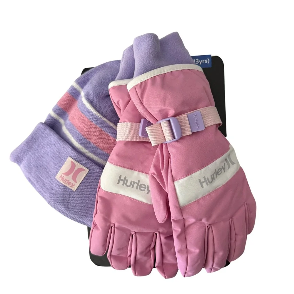 Hurley Youth Beanie & Ski Gloves 2-pc Winter Set Pink L 10-12 NWT